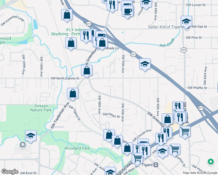 map of restaurants, bars, coffee shops, grocery stores, and more near 11345 Southwest 97th Court in Tigard