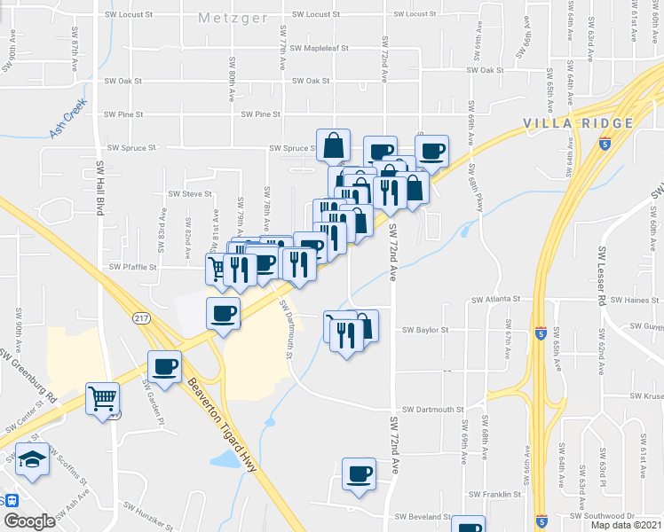map of restaurants, bars, coffee shops, grocery stores, and more near 11640 Southwest Pacific Highway in Tigard