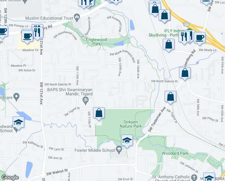 map of restaurants, bars, coffee shops, grocery stores, and more near 11330 Southwest 110th Place in Tigard