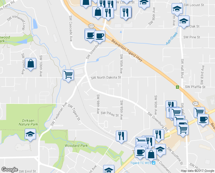 map of restaurants, bars, coffee shops, grocery stores, and more near 11345 SW 97th Ct in Tigard