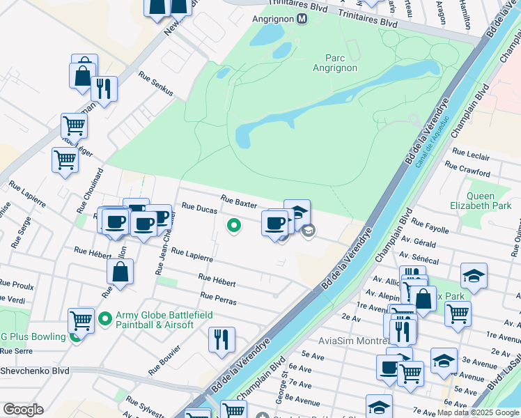 map of restaurants, bars, coffee shops, grocery stores, and more near 1296 Rue Baxter in Montreal