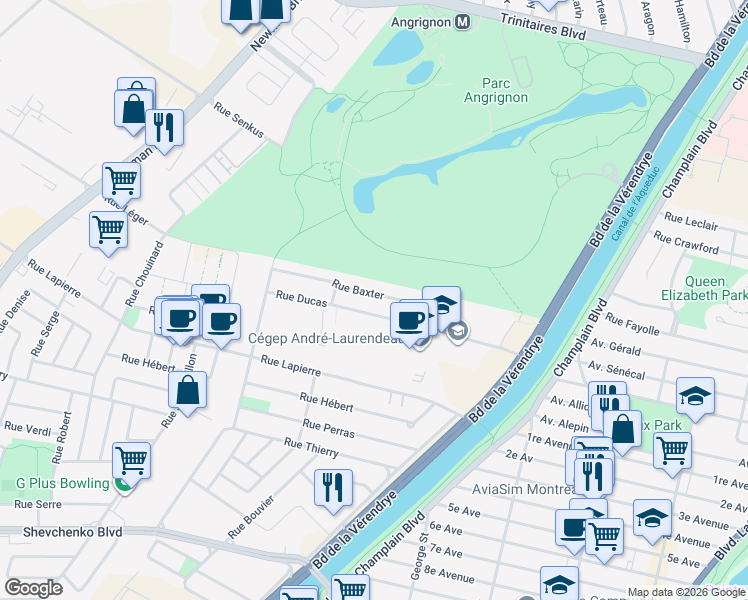 map of restaurants, bars, coffee shops, grocery stores, and more near 1344 Rue Baxter in Montréal