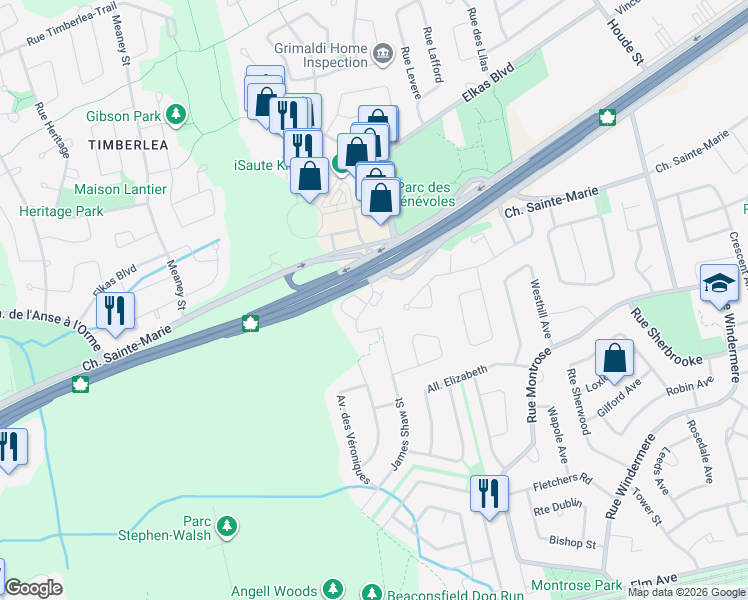 map of restaurants, bars, coffee shops, grocery stores, and more near 141 Rue Gérard-Guindon in Beaconsfield