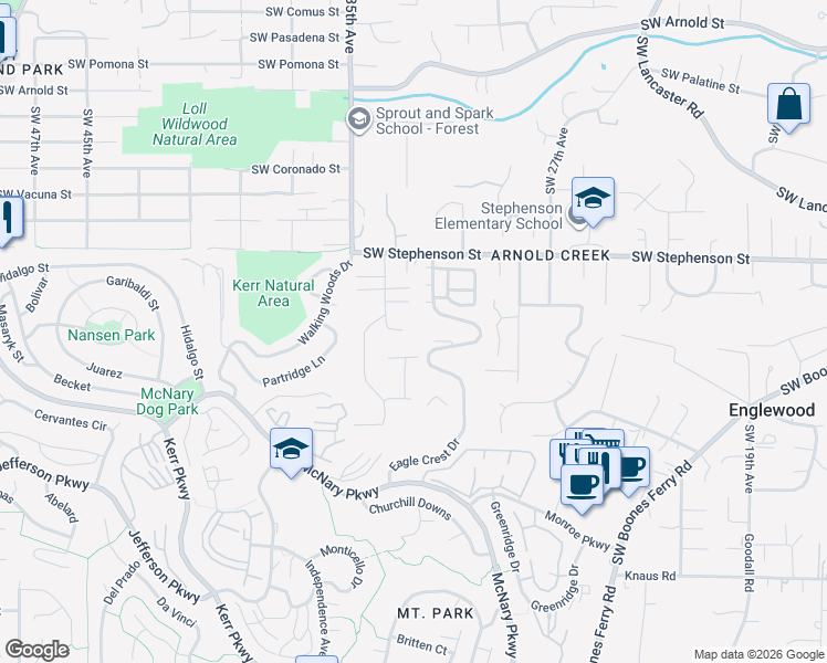 map of restaurants, bars, coffee shops, grocery stores, and more near 3234 Southwest Parsons Court in Portland
