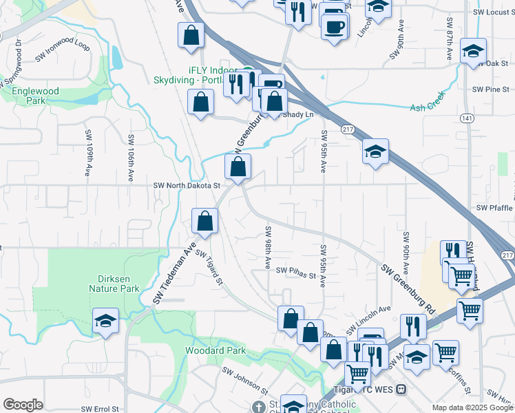 map of restaurants, bars, coffee shops, grocery stores, and more near 11400 Southwest Greenburg Road in Tigard