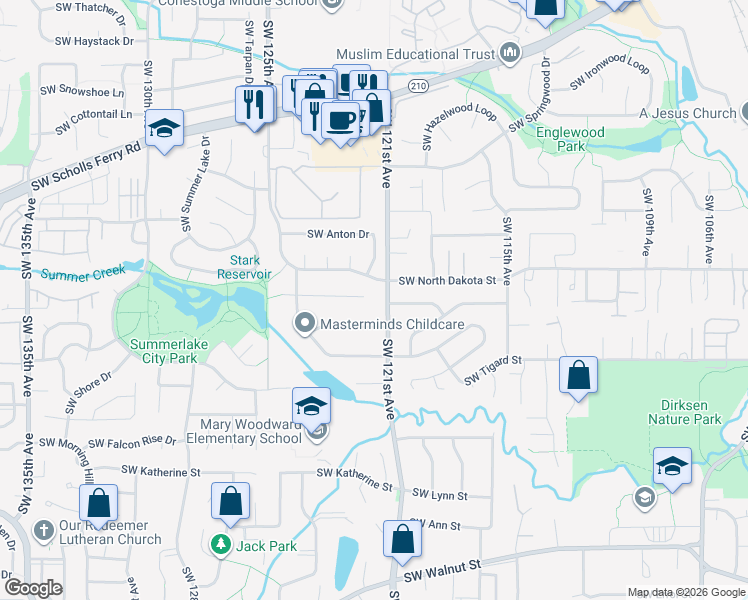 map of restaurants, bars, coffee shops, grocery stores, and more near 11335 Southwest 121st Avenue in Tigard