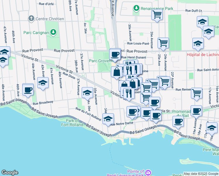map of restaurants, bars, coffee shops, grocery stores, and more near 3340 Rue Victoria in Montréal
