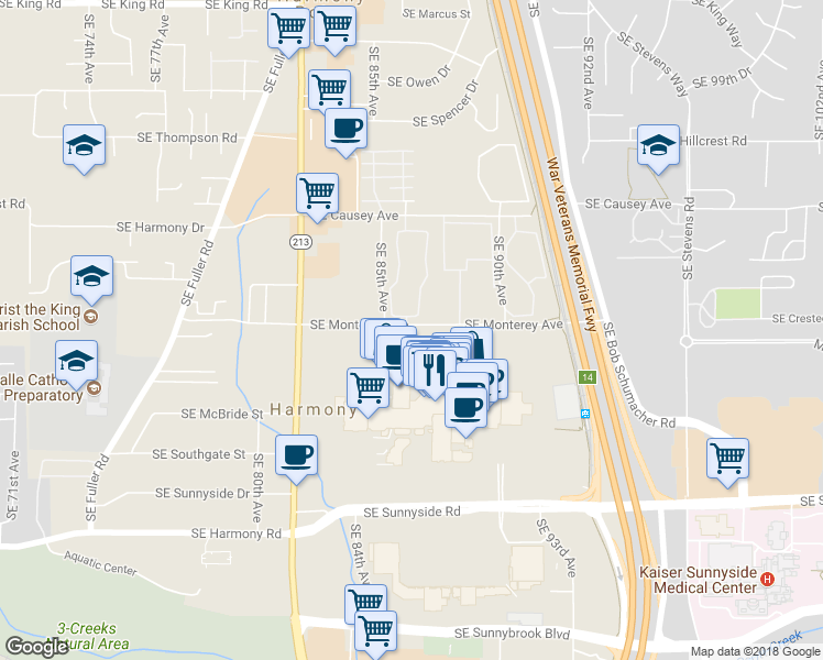 map of restaurants, bars, coffee shops, grocery stores, and more near 8750 SE Monterey Ave in Happy Valley