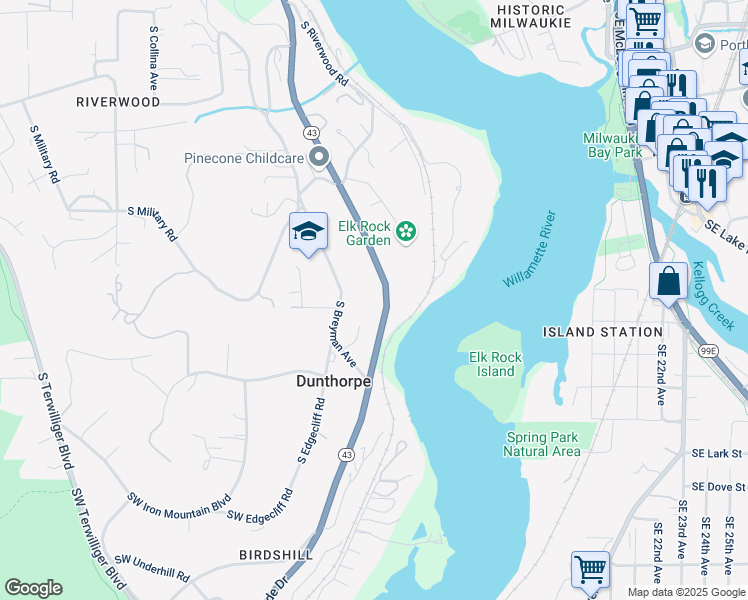 map of restaurants, bars, coffee shops, grocery stores, and more near 12016 South Breyman Avenue in Portland