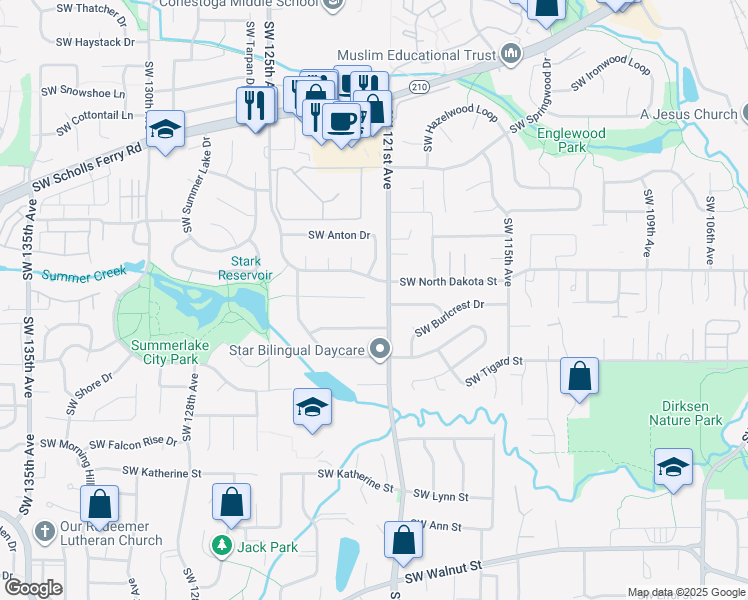 map of restaurants, bars, coffee shops, grocery stores, and more near 11335 Southwest 121st Avenue in Tigard