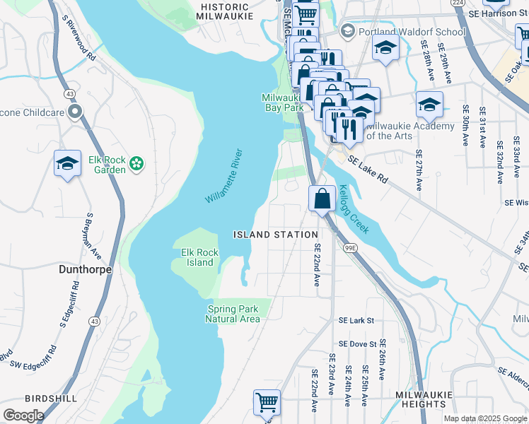 map of restaurants, bars, coffee shops, grocery stores, and more near 11907 Southeast 19th Avenue in Milwaukie