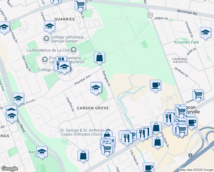 map of restaurants, bars, coffee shops, grocery stores, and more near 984 Bathgate Drive in Ottawa