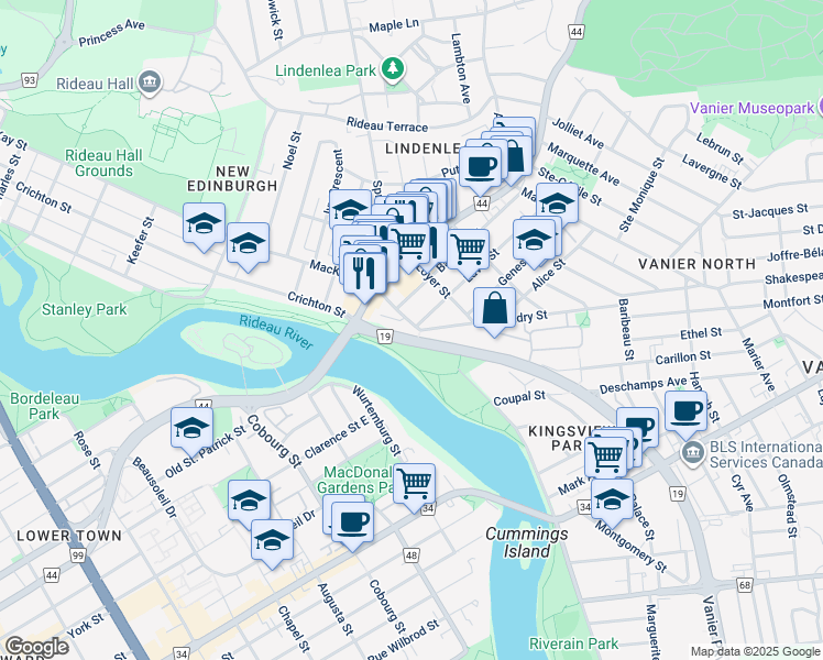 map of restaurants, bars, coffee shops, grocery stores, and more near 30 Charlevoix Street in Ottawa