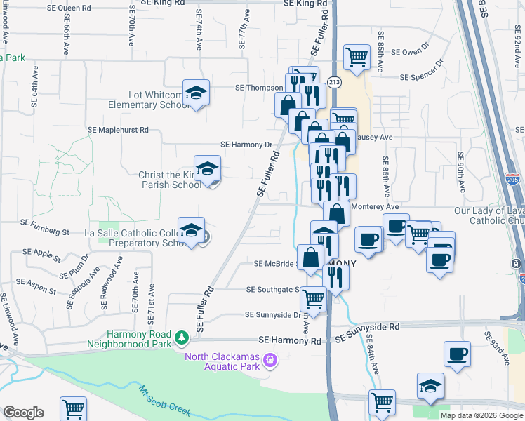 map of restaurants, bars, coffee shops, grocery stores, and more near 7833 Southeast Stephanie Court in Portland