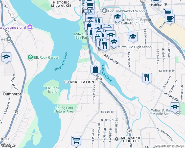 map of restaurants, bars, coffee shops, grocery stores, and more near 11921 Southeast 22nd Avenue in Milwaukie