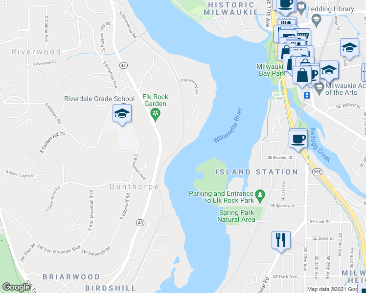 map of restaurants, bars, coffee shops, grocery stores, and more near 11831A South Riverwood Road in Portland