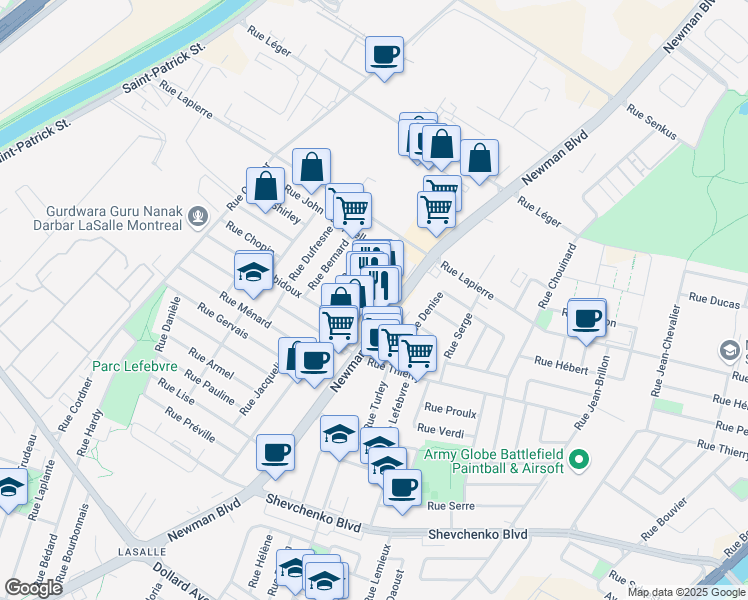 map of restaurants, bars, coffee shops, grocery stores, and more near 7751 Boulevard Newman in Montréal