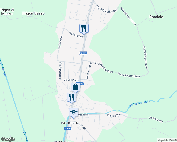 map of restaurants, bars, coffee shops, grocery stores, and more near 18 Via G. Bertoldo in Provincia di Vicenza
