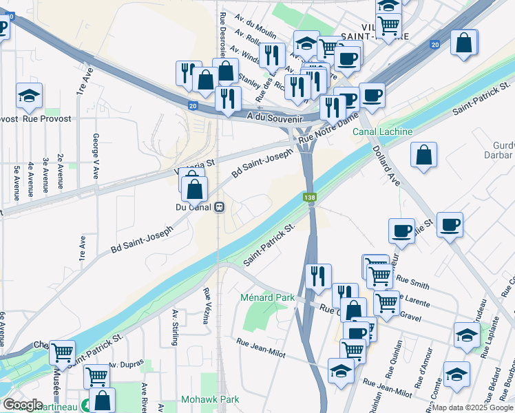 map of restaurants, bars, coffee shops, grocery stores, and more near 9600-9630 Rue Saint-Patrick in Montreal