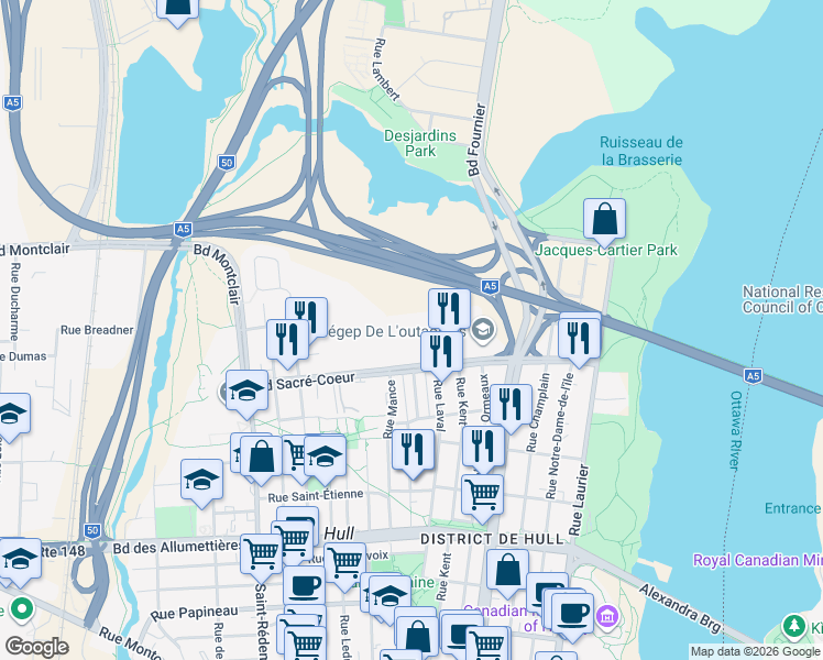map of restaurants, bars, coffee shops, grocery stores, and more near 101 Boulevard Sacré-Coeur in Gatineau
