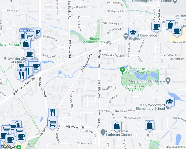 map of restaurants, bars, coffee shops, grocery stores, and more near 11323 Southwest 135th Avenue in Tigard