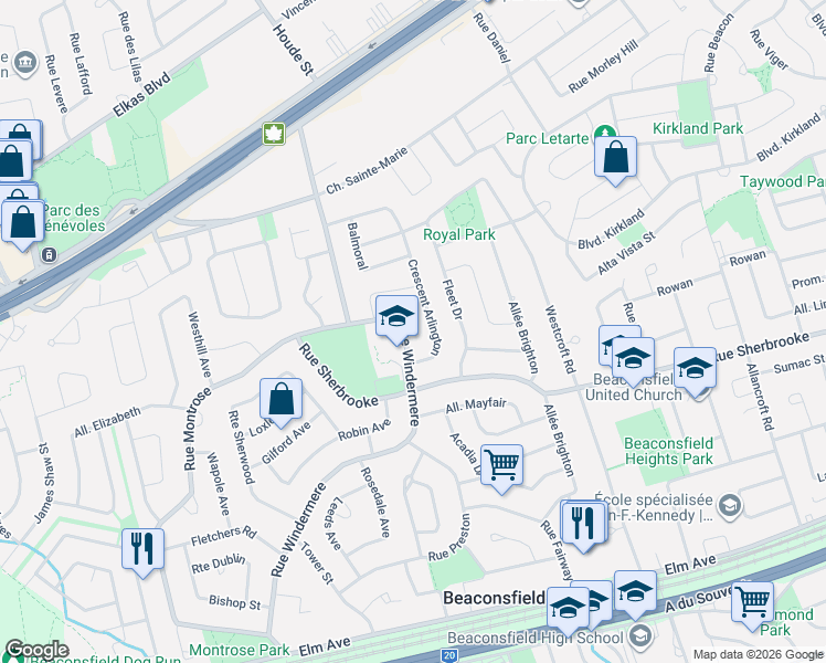 map of restaurants, bars, coffee shops, grocery stores, and more near 316 Windermere Road in Beaconsfield