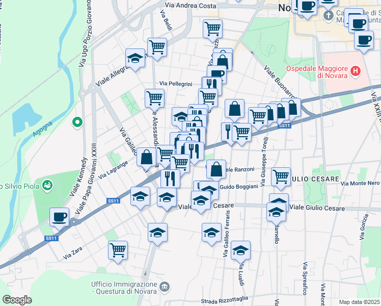 map of restaurants, bars, coffee shops, grocery stores, and more near 11 Largo Leonardi Luigi in Novara