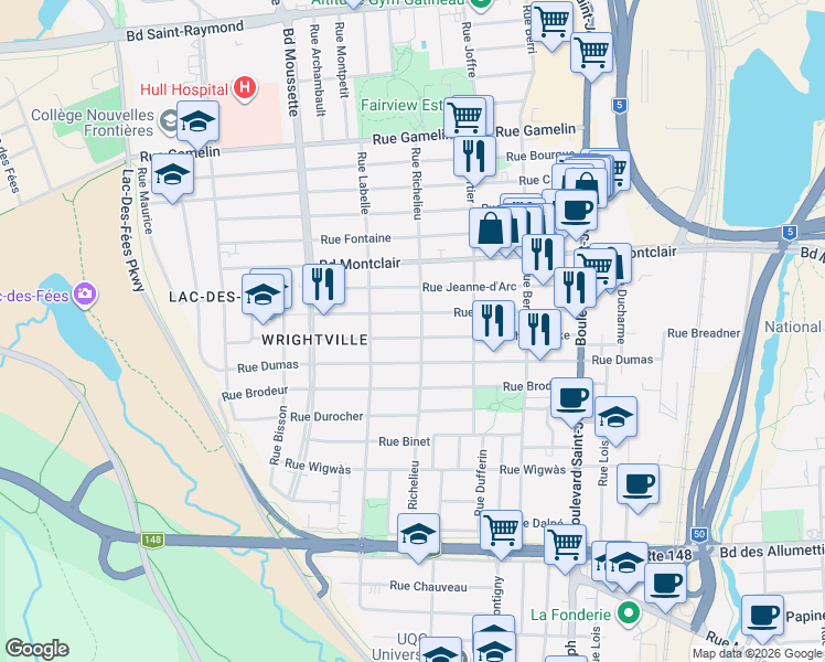 map of restaurants, bars, coffee shops, grocery stores, and more near 128 Rue Sherbrooke in Gatineau