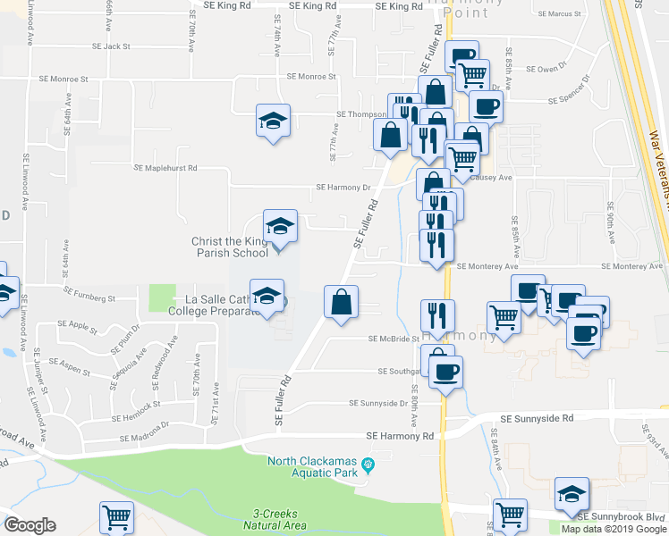 map of restaurants, bars, coffee shops, grocery stores, and more near 11661 Southeast Fuller Road in Milwaukie
