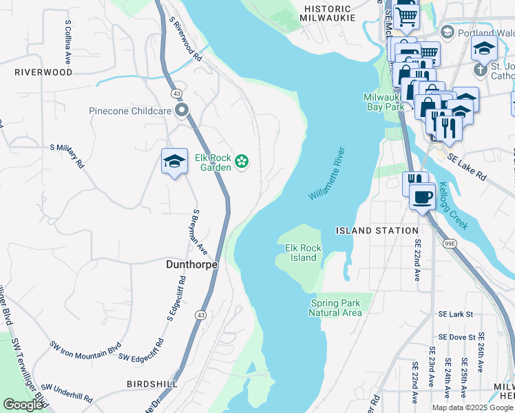 map of restaurants, bars, coffee shops, grocery stores, and more near 11831A South Riverwood Road in Portland
