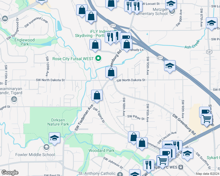map of restaurants, bars, coffee shops, grocery stores, and more near 11335 Southwest Greenburg Road in Tigard