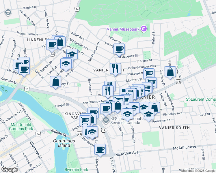 map of restaurants, bars, coffee shops, grocery stores, and more near 208 Carillon Street in Ottawa
