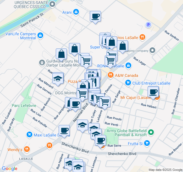 map of restaurants, bars, coffee shops, grocery stores, and more near 7751 Boulevard Newman in Montréal