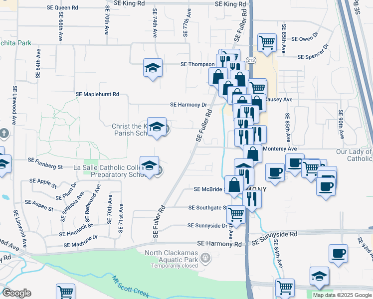 map of restaurants, bars, coffee shops, grocery stores, and more near 11645 Southeast Fuller Road in Milwaukie