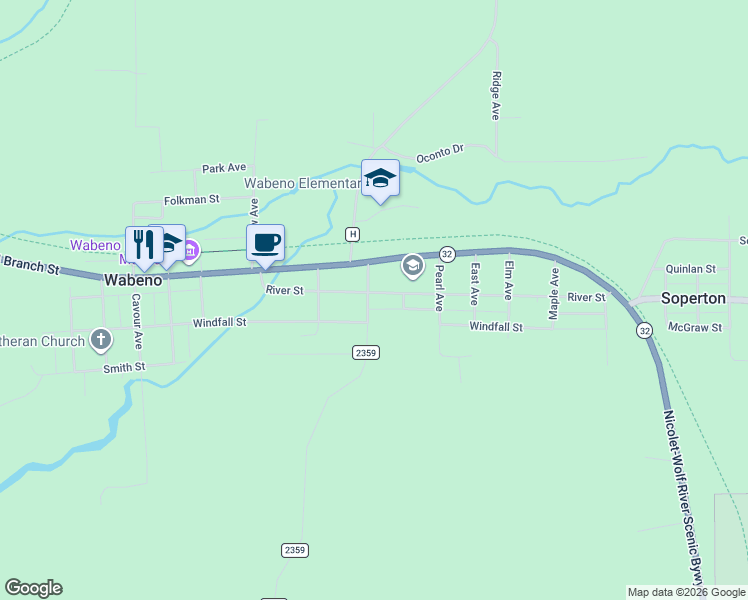 map of restaurants, bars, coffee shops, grocery stores, and more near 4363 River Street in Wabeno