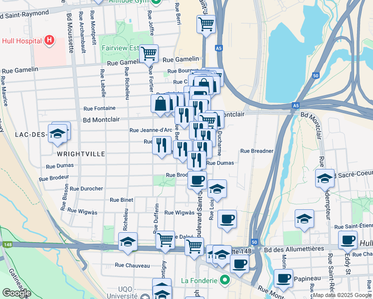 map of restaurants, bars, coffee shops, grocery stores, and more near 38 Rue Sherbrooke in Gatineau