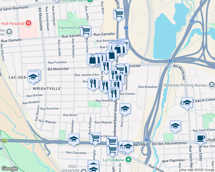 map of restaurants, bars, coffee shops, grocery stores, and more near 38 Rue Sherbrooke in Gatineau