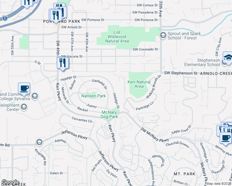map of restaurants, bars, coffee shops, grocery stores, and more near 17 Hidalgo Street in Lake Oswego