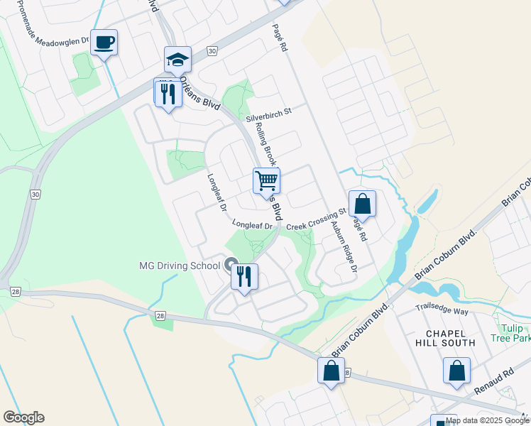 map of restaurants, bars, coffee shops, grocery stores, and more near 2346 Raintree Drive in Ottawa