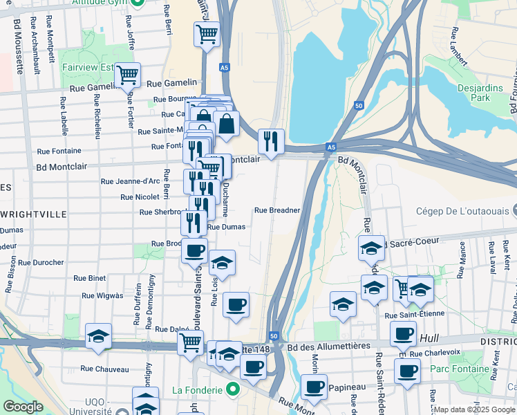 map of restaurants, bars, coffee shops, grocery stores, and more near 219 Rue Breadner in Gatineau