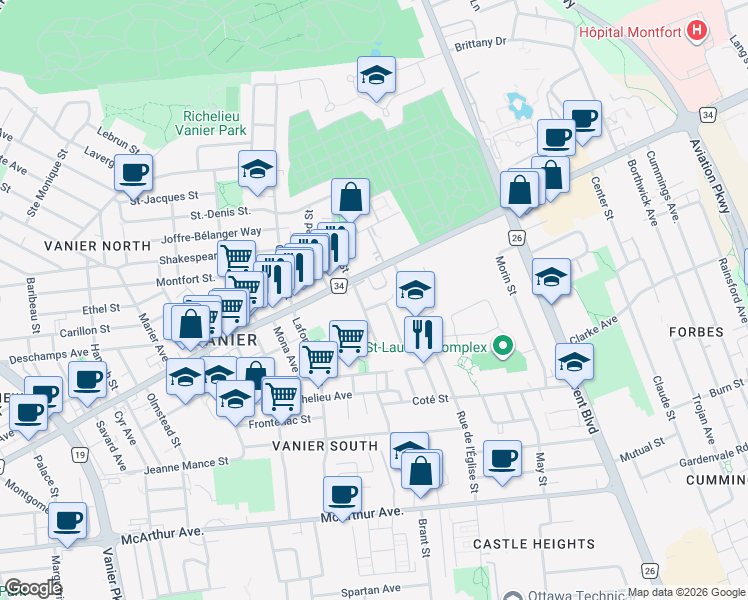 map of restaurants, bars, coffee shops, grocery stores, and more near 619 Donat Street in Ottawa