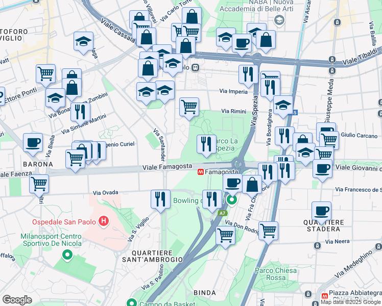 map of restaurants, bars, coffee shops, grocery stores, and more near 35 Via Moncucco in Milano