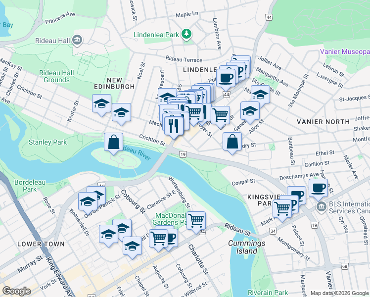 map of restaurants, bars, coffee shops, grocery stores, and more near 20 Charlevoix Street in Ottawa