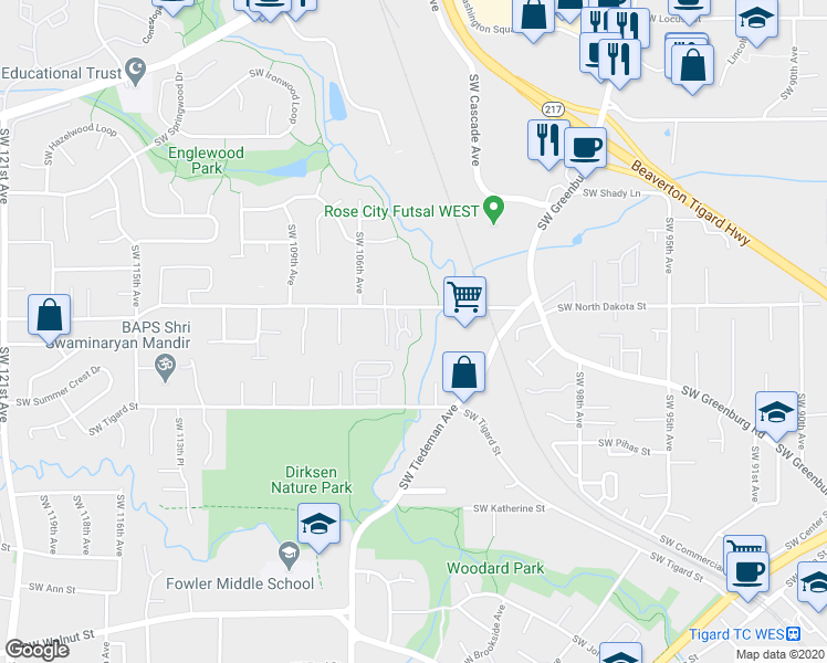 map of restaurants, bars, coffee shops, grocery stores, and more near 11290 Southwest Buffalo Place in Tigard