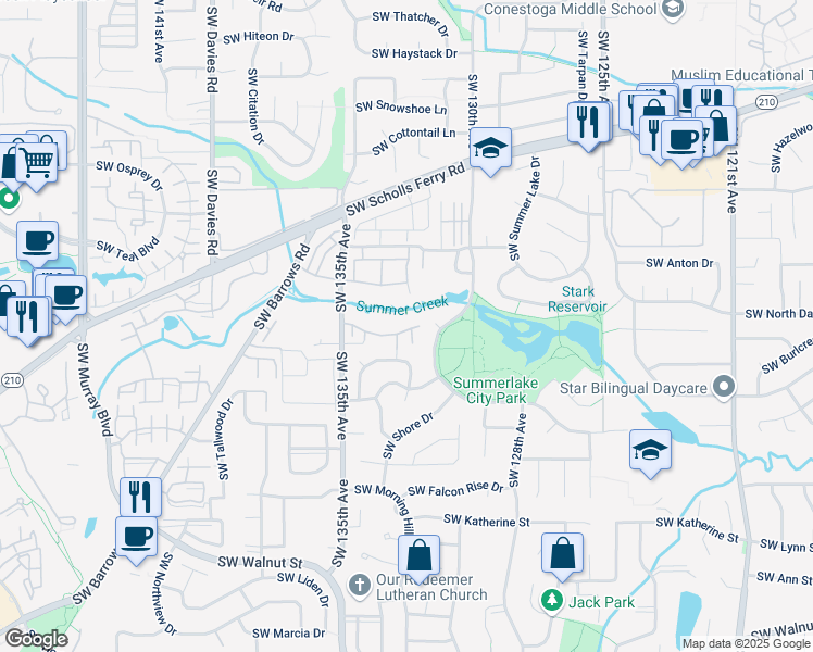 map of restaurants, bars, coffee shops, grocery stores, and more near 13217 Southwest Summerwood Drive in Tigard