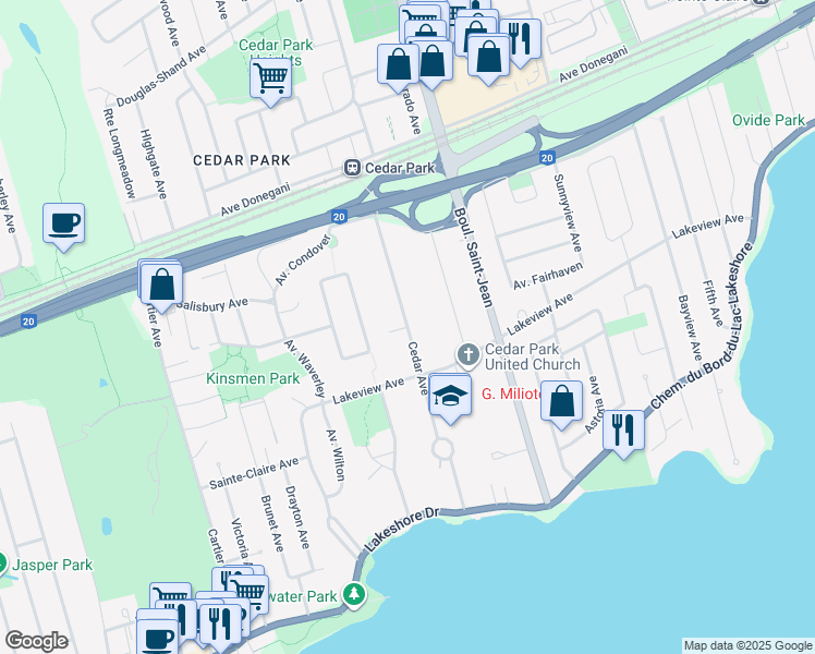 map of restaurants, bars, coffee shops, grocery stores, and more near Avenue Cedar & Avenue Lancaster in Pointe-Claire