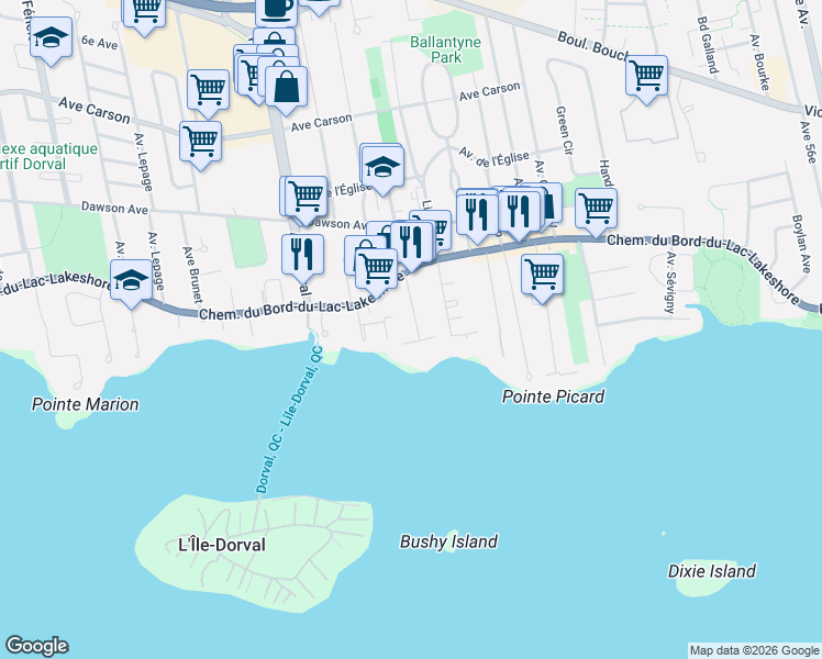map of restaurants, bars, coffee shops, grocery stores, and more near 655 Avenue Monette in Dorval