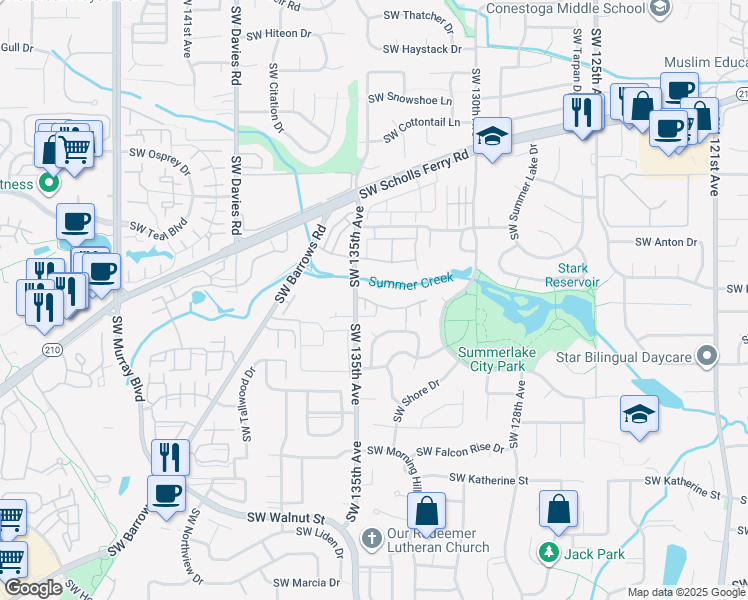 map of restaurants, bars, coffee shops, grocery stores, and more near 13485 Southwest Summerwood Drive in Tigard
