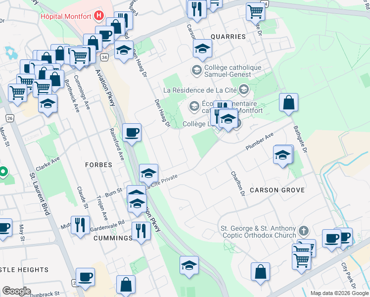 map of restaurants, bars, coffee shops, grocery stores, and more near 183a Borealis Crescent in Ottawa