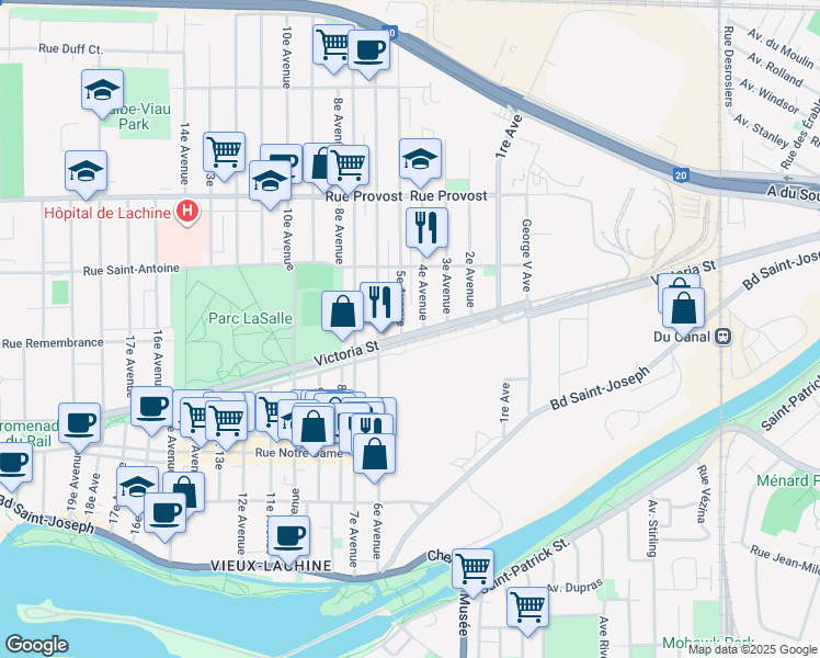 map of restaurants, bars, coffee shops, grocery stores, and more near in Montreal